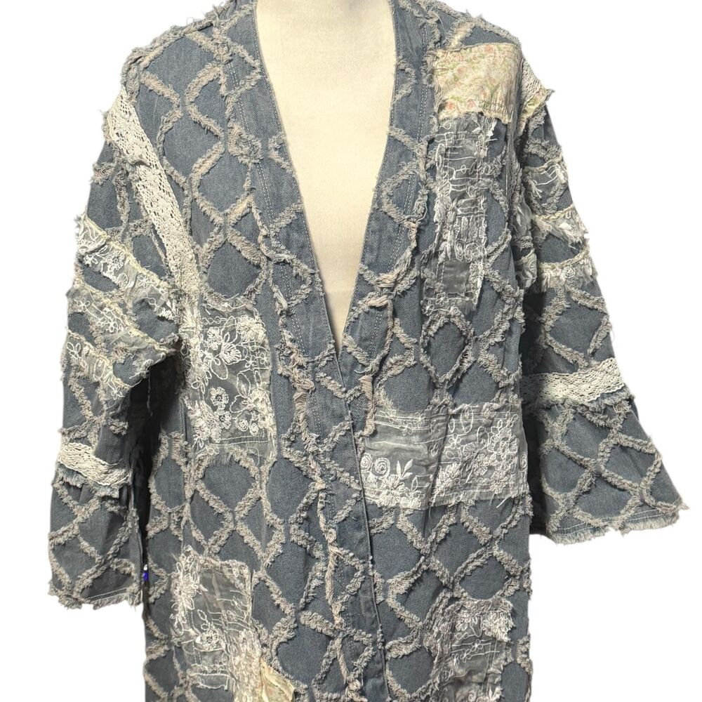 POL Premium Womens Small Blue Denim Long Duster Lace Patchwork Boho Oversized‎ - Picture 4 of 16